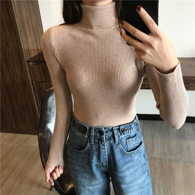 Sweater Women Long Sleeve Turtleneck Slim