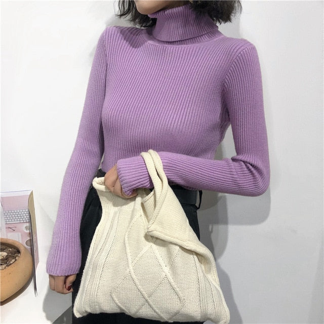 Sweater Women Long Sleeve Turtleneck Slim